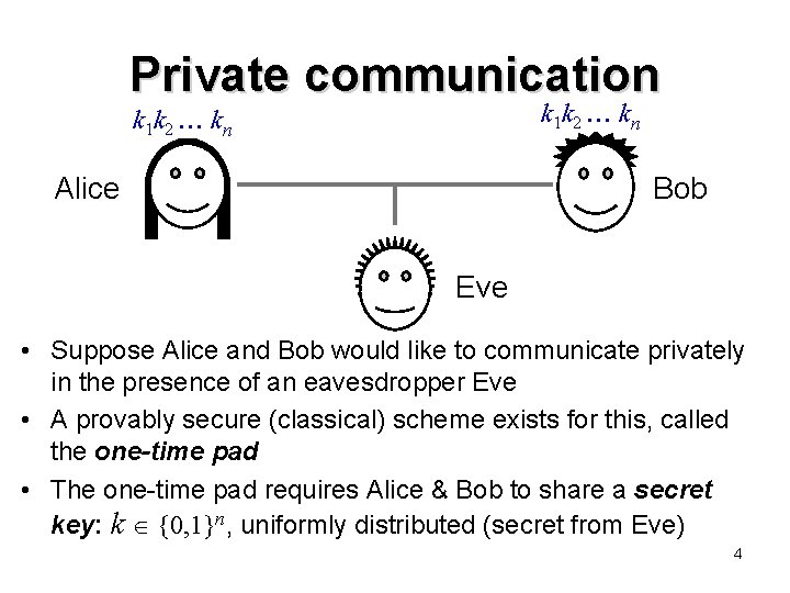 Private communication k 1 k 2 kn Alice Bob Eve • Suppose Alice and