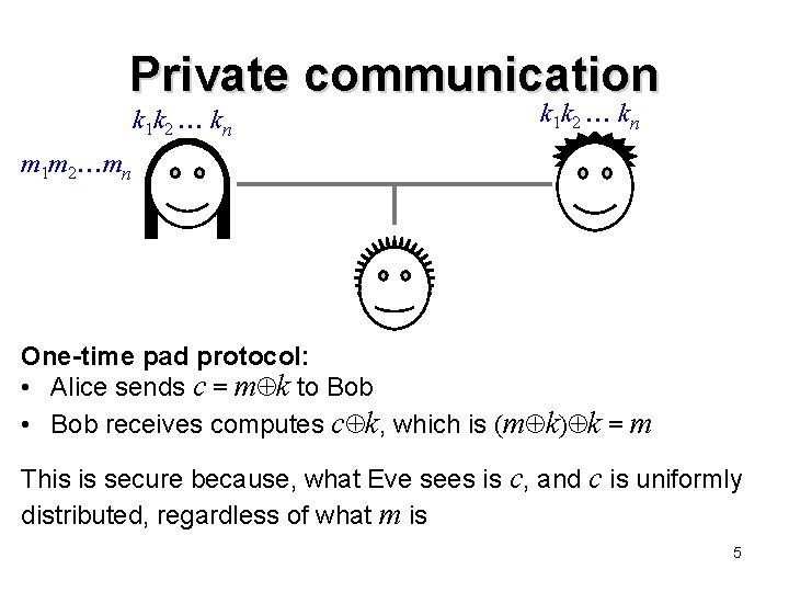 Private communication k 1 k 2 kn m 1 m 2 mn One-time pad