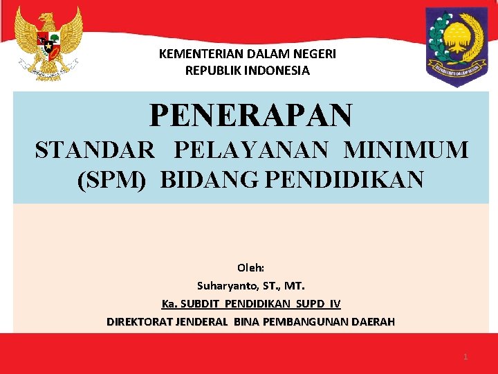KEMENTERIAN DALAM NEGERI REPUBLIK INDONESIA PENERAPAN STANDAR PELAYANAN MINIMUM (SPM) BIDANG PENDIDIKAN Oleh: Suharyanto,