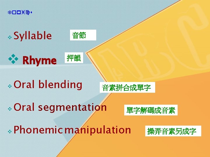 T pics Syllable Rhyme 音節 押韻 Oral blending Oral segmentation Phonemic manipulation 音素拼合成單字 單字解碼成音素 T pics Syllable Rhyme 音節 押韻 Oral blending Oral segmentation Phonemic manipulation 音素拼合成單字 單字解碼成音素