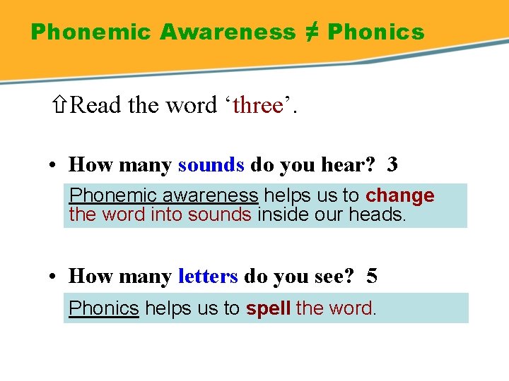 Phonemic Awareness ≠ Phonics Read the word ‘three’. • How many sounds do you Phonemic Awareness ≠ Phonics Read the word ‘three’. • How many sounds do you