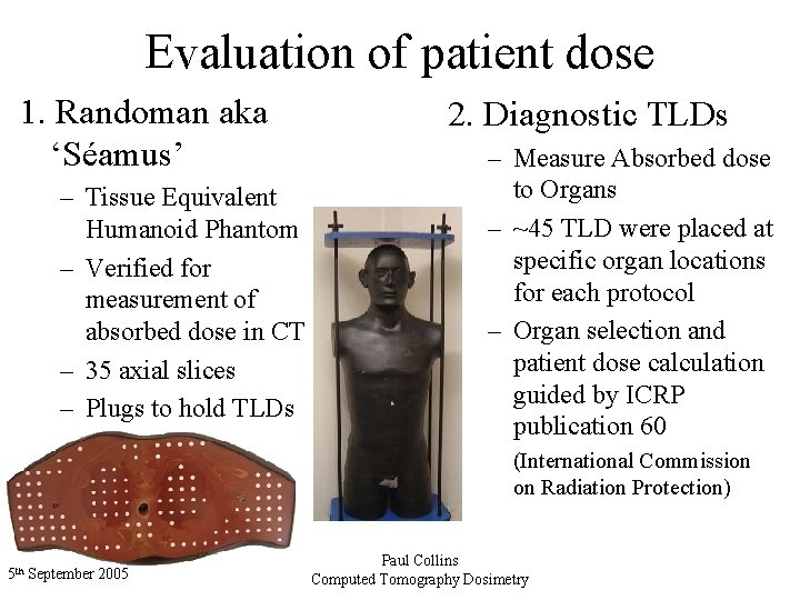 Evaluation of patient dose 1. Randoman aka ‘Séamus’ – Tissue Equivalent Humanoid Phantom –