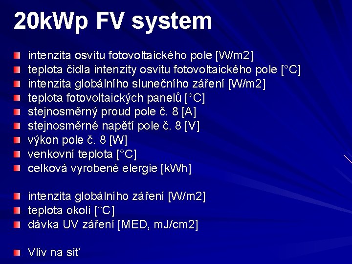 20 k. Wp FV system intenzita osvitu fotovoltaického pole [W/m 2] teplota čidla intenzity