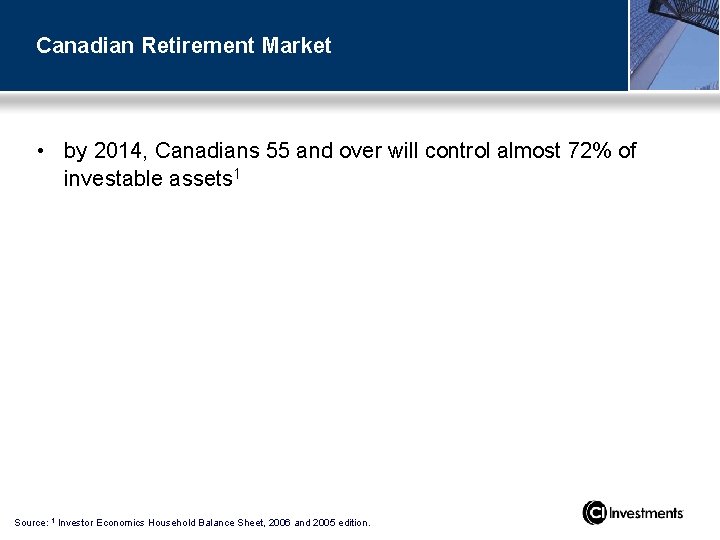 Canadian Retirement Market • by 2014, Canadians 55 and over will control almost 72%