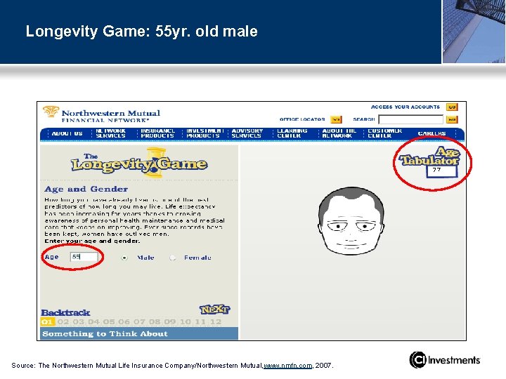 Longevity Game: 55 yr. old male Source: The Northwestern Mutual Life Insurance Company/Northwestern Mutual,