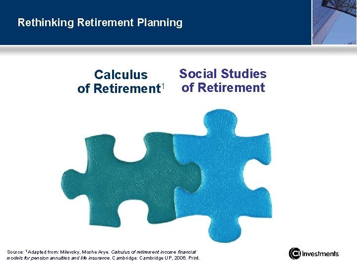 Rethinking Retirement Planning Calculus of Retirement 1 Social Studies of Retirement Source: 1 Adapted