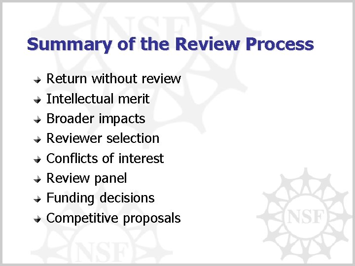 Summary of the Review Process Return without review Intellectual merit Broader impacts Reviewer selection