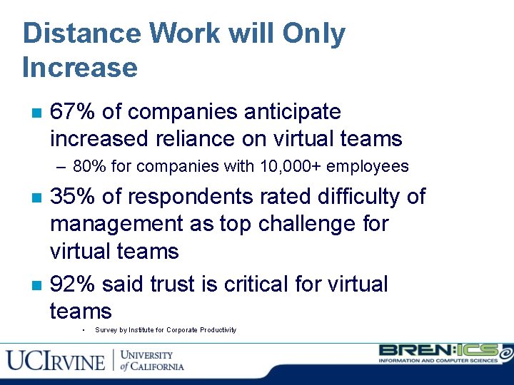 Distance Work will Only Increase n 67% of companies anticipate increased reliance on virtual
