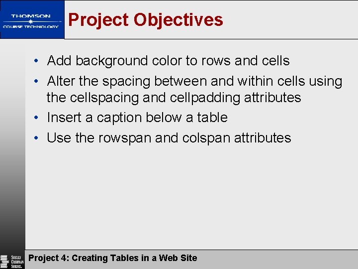 Project Objectives • Add background color to rows and cells • Alter the spacing Project Objectives • Add background color to rows and cells • Alter the spacing