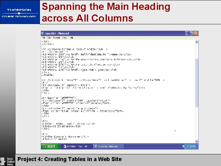 Spanning the Main Heading across All Columns Project 4: Creating Tables in a Web Spanning the Main Heading across All Columns Project 4: Creating Tables in a Web