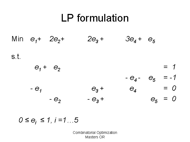 LP formulation Min e 1+ 2 e 2+ 2 e 3 + 3 e