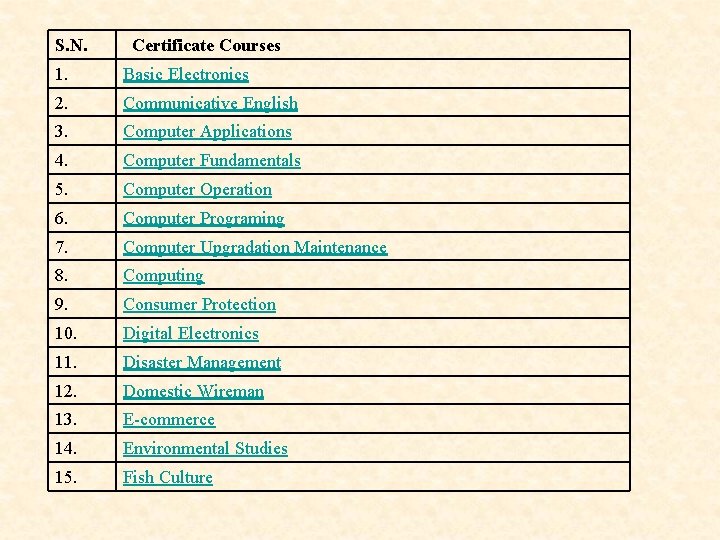 S. N. Certificate Courses 1. Basic Electronics 2. Communicative English 3. Computer Applications 4.