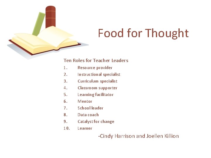 Food for Thought Ten Roles for Teacher Leaders 1. 2. 3. 4. 5. 6.