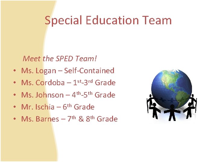 Special Education Team • • • Meet the SPED Team! Ms. Logan – Self-Contained