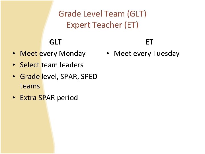 Grade Level Team (GLT) Expert Teacher (ET) • • GLT Meet every Monday Select