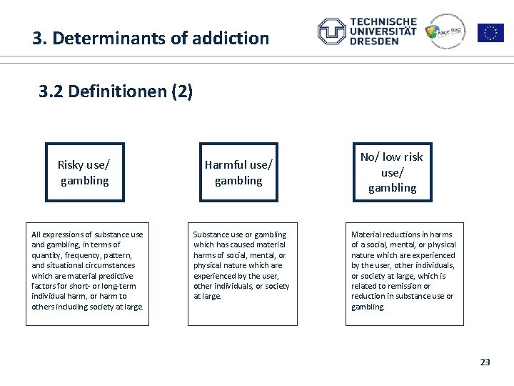  3. Determinants of addiction 1. ALICE RAP 3. 2 Definitionen (2) Risky use/