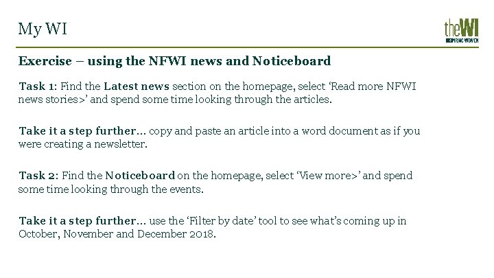 My WI Exercise – using the NFWI news and Noticeboard Task 1: Find the