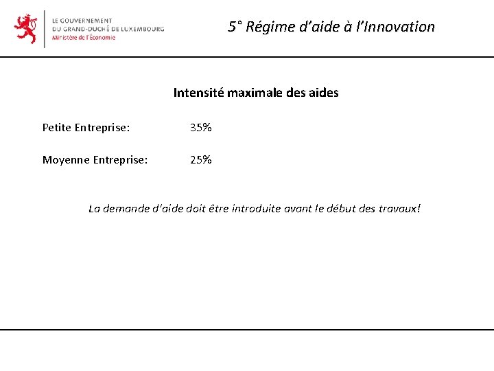 5° Régime d’aide à l’Innovation Intensité maximale des aides Petite Entreprise: 35% Moyenne Entreprise: 5° Régime d’aide à l’Innovation Intensité maximale des aides Petite Entreprise: 35% Moyenne Entreprise: