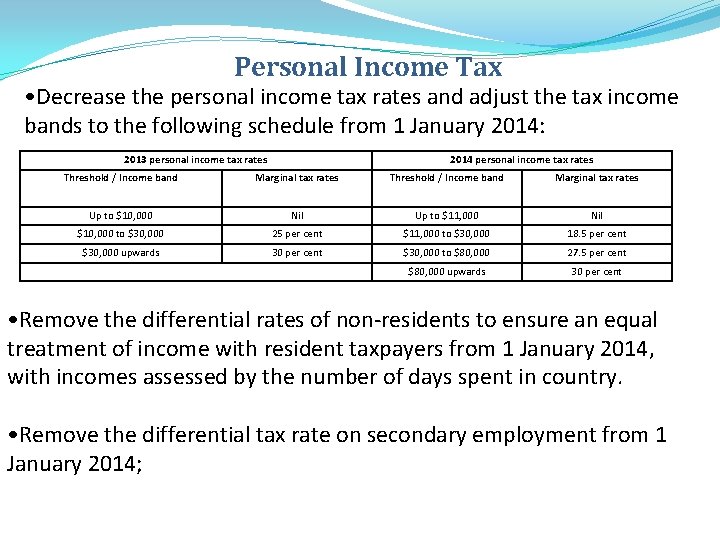 Personal Income Tax • Decrease the personal income tax rates and adjust the tax