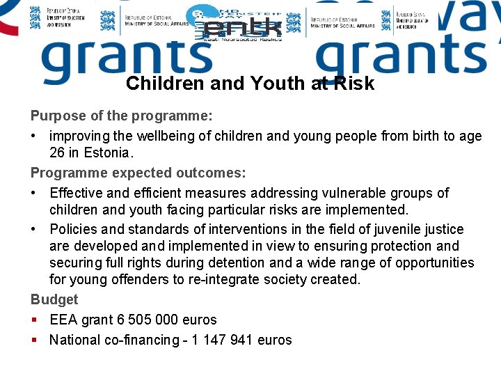 Children and Youth at Risk Purpose of the programme: • improving the wellbeing of