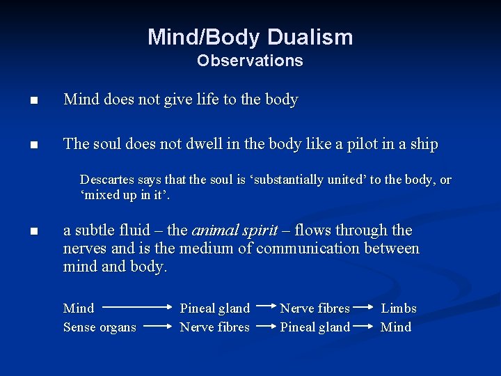 Mind/Body Dualism Observations n Mind does not give life to the body n The