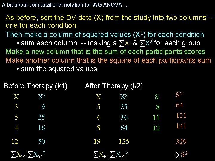 A bit about computational notation for WG ANOVA… As before, sort the DV data