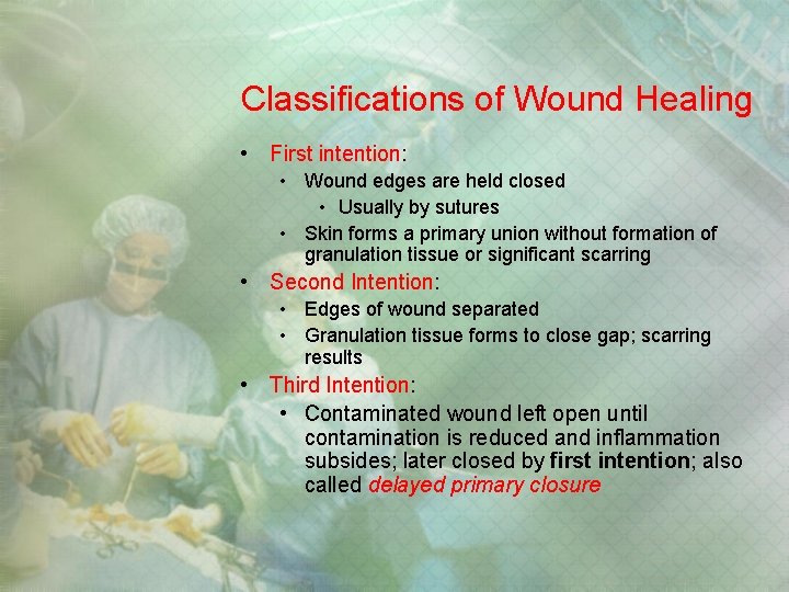 Classifications of Wound Healing • First intention: • Wound edges are held closed • Classifications of Wound Healing • First intention: • Wound edges are held closed •