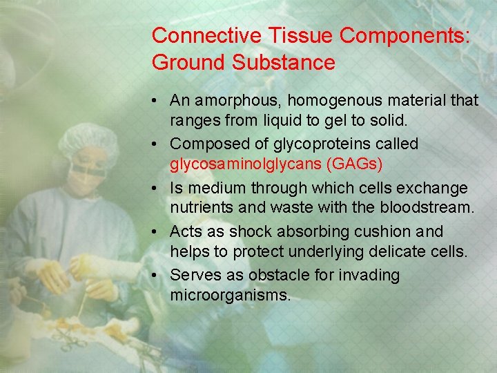 Connective Tissue Components: Ground Substance • An amorphous, homogenous material that ranges from liquid Connective Tissue Components: Ground Substance • An amorphous, homogenous material that ranges from liquid