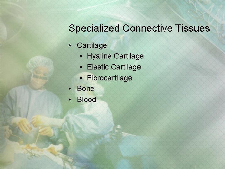 Specialized Connective Tissues • Cartilage • Hyaline Cartilage • Elastic Cartilage • Fibrocartilage • Specialized Connective Tissues • Cartilage • Hyaline Cartilage • Elastic Cartilage • Fibrocartilage •