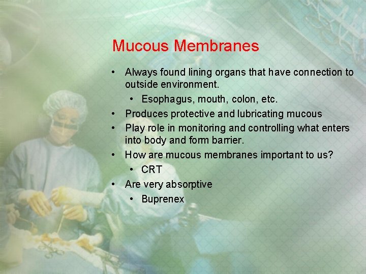 Mucous Membranes • Always found lining organs that have connection to outside environment. • Mucous Membranes • Always found lining organs that have connection to outside environment. •
