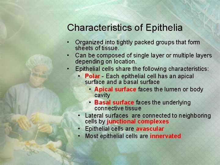 Characteristics of Epithelia • Organized into tightly packed groups that form sheets of tissue. Characteristics of Epithelia • Organized into tightly packed groups that form sheets of tissue.