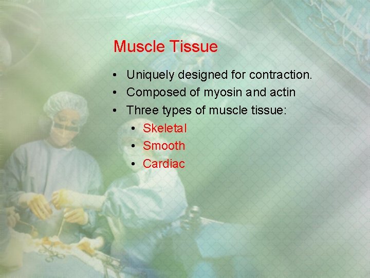 Muscle Tissue • Uniquely designed for contraction. • Composed of myosin and actin • Muscle Tissue • Uniquely designed for contraction. • Composed of myosin and actin •