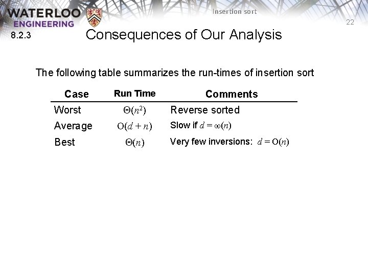Insertion sort 22 Consequences of Our Analysis 8. 2. 3 The following table summarizes