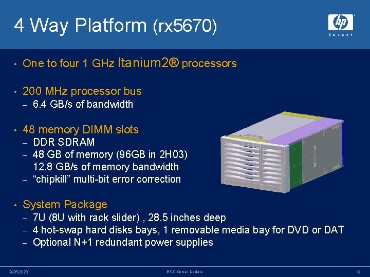 4 Way Platform (rx 5670) • One to four 1 GHz Itanium 2® processors