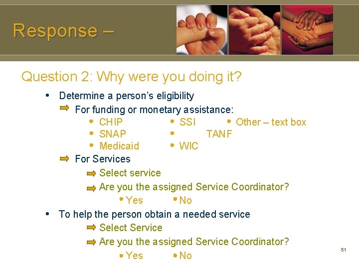 Response – Question 2: Why were you doing it? • Determine a person’s eligibility