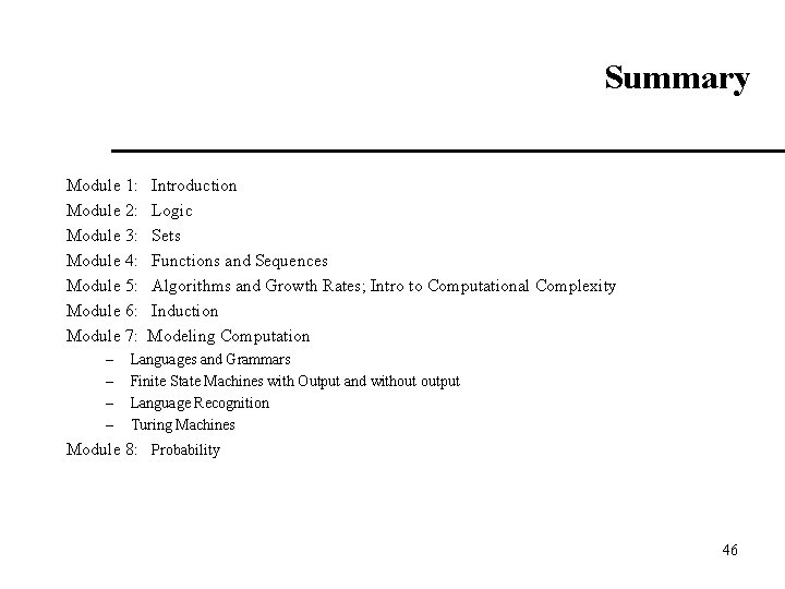 Summary Module 1: Introduction Module 2: Logic Module 3: Sets Module 4: Functions and
