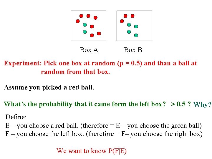Box A Box B Experiment: Pick one box at random (p = 0. 5)