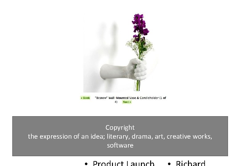 Copyright the expression of an idea; literary, drama, art, creative works, software 