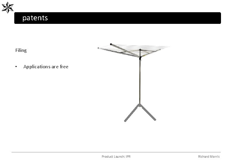 patents Filing • Applications are free Product Launch: IPR Richard Morris 