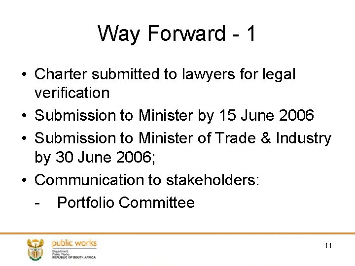 Way Forward - 1 • Charter submitted to lawyers for legal verification • Submission