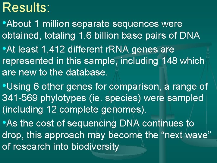 Results: • About 1 million separate sequences were obtained, totaling 1. 6 billion base