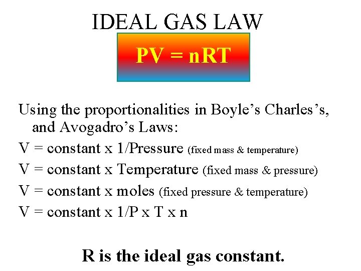 IDEAL GAS LAW PV = n. RT Using the proportionalities in Boyle’s Charles’s, and