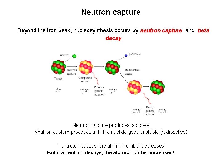 Neutron capture Beyond the Iron peak, nucleosynthesis occurs by neutron capture and beta decay