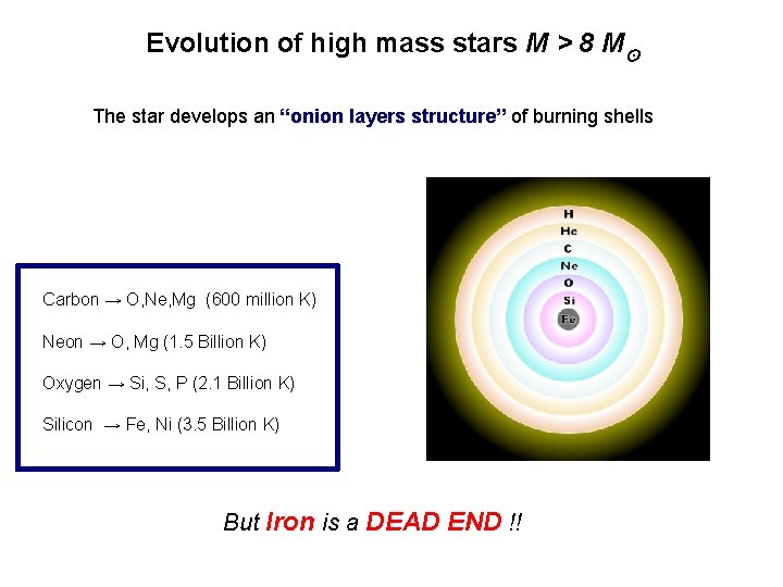 Evolution of high mass stars M > 8 M⊙ The star develops an “onion