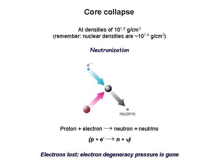 Core collapse At densities of 101 0 g/cm 3 (remember: nuclear densities are ~101