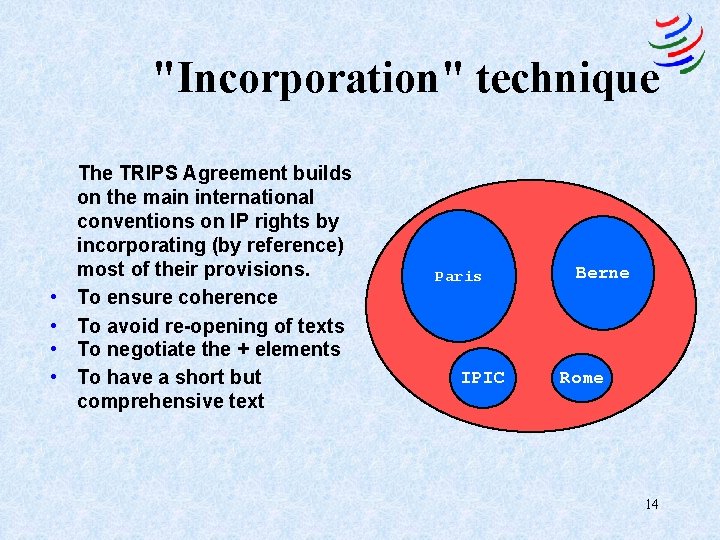 "Incorporation" technique • • The TRIPS Agreement builds on the main international conventions on