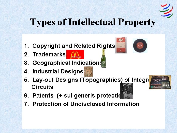 Types of Intellectual Property 1. 2. 3. 4. 5. Copyright and Related Rights Trademarks