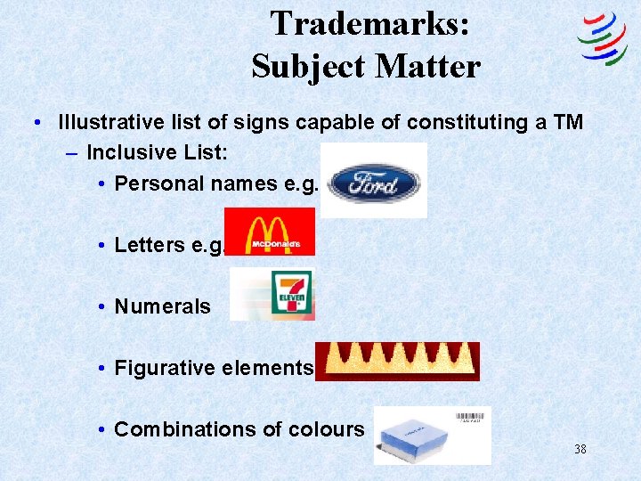 Trademarks: Subject Matter • Illustrative list of signs capable of constituting a TM –