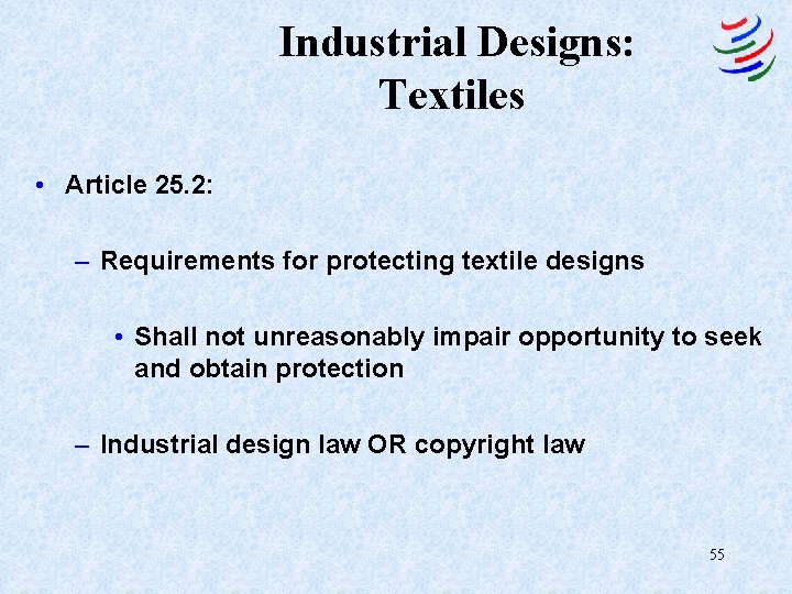 Industrial Designs: Textiles • Article 25. 2: – Requirements for protecting textile designs •