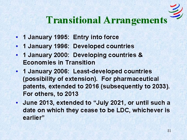 Transitional Arrangements • 1 January 1995: Entry into force • 1 January 1996: Developed